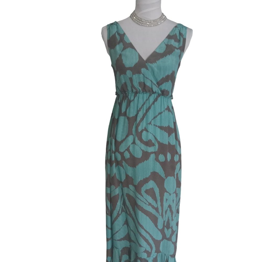 Banana Republic gray and turquoise silk maxi dress, sz 0